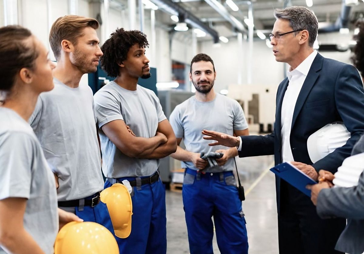 In einer Fabrik diskutiert eine Gruppe von Arbeitern mit einem Mann, um wichtige Details zu klären